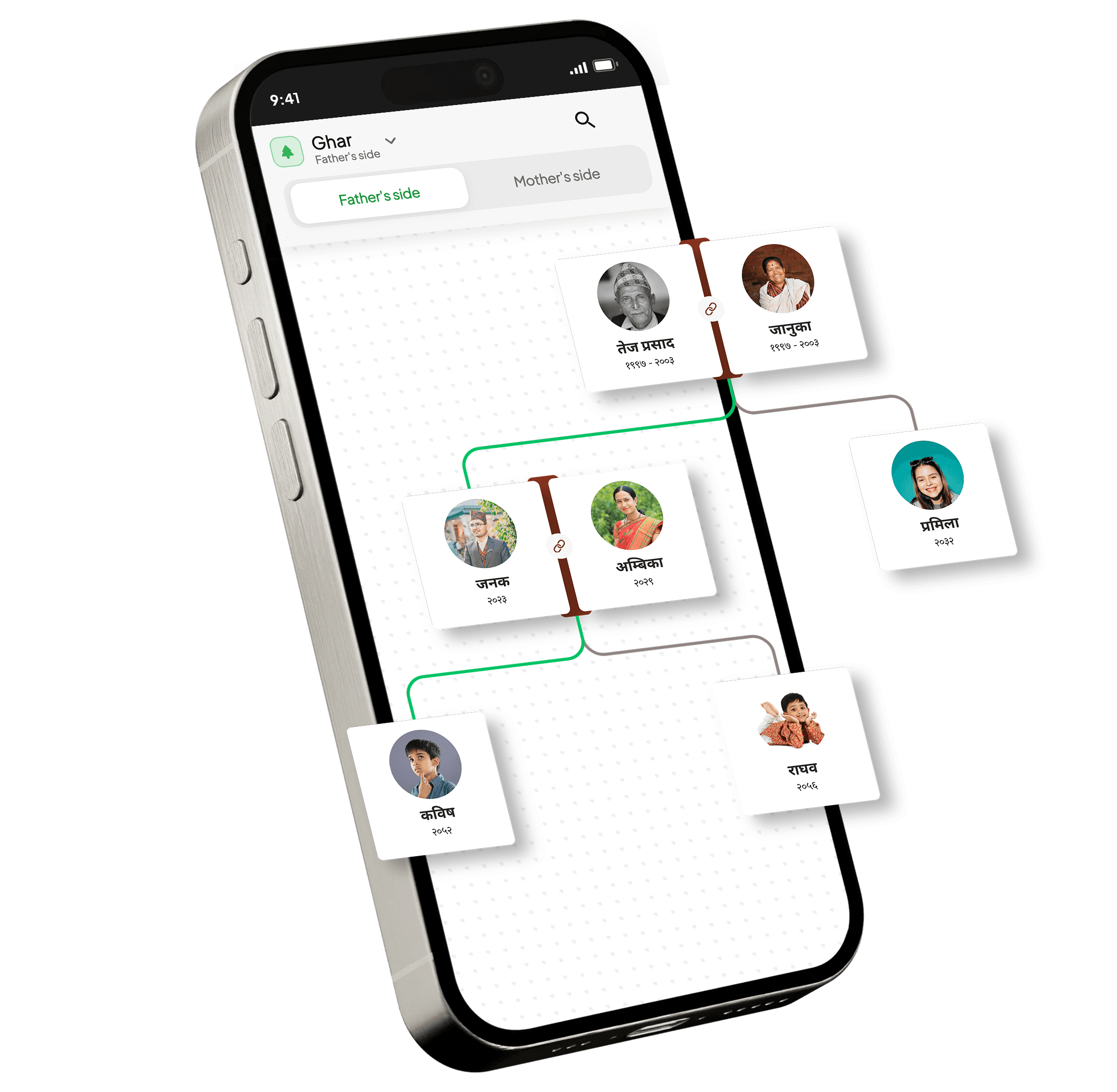 The family tree screen of the Bamsawali app